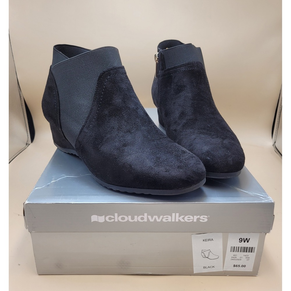 Cloudwalkers Womens Black Faux Suede Wedge Ankle Boots Gold Zip Size 9W